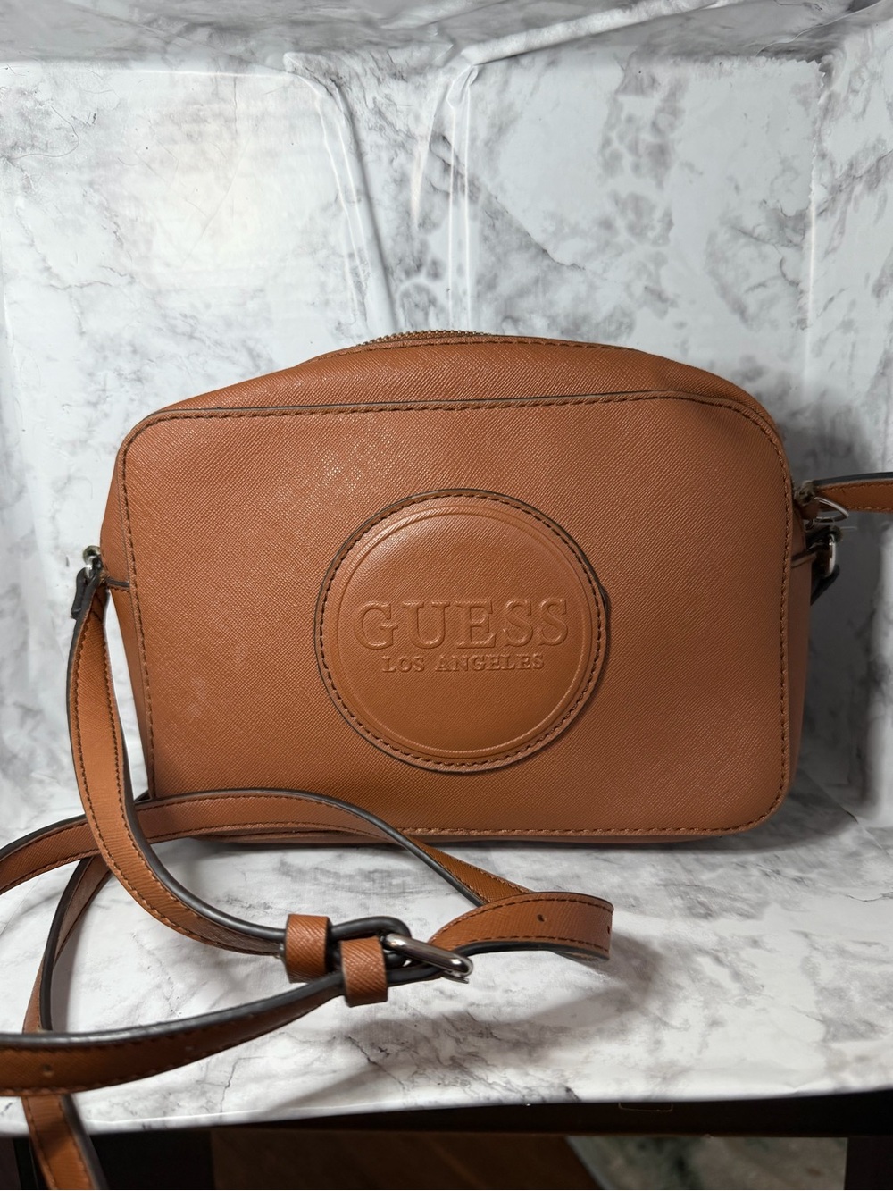GUESS Cognac Crossbody Camera Bag with Embossed Logo